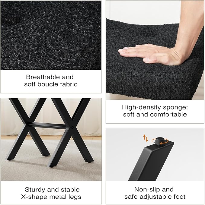 18-Inch Large Vanity Stool Chair, Vanity Bench with Metal X-Legs, Ottoman Accent Stool with Breathable and Soft Boucle Fabric Saddle Seat, Black