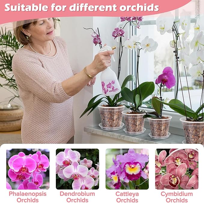 Orchid Pot, 6 Pack 4 Inch (Top Diameter) Clear Orchid Pots with Holes and Saucers for Repotting, Breathable Slotted Plastic Orchid Planters with Drainage for Root Health Indoor Outdoor