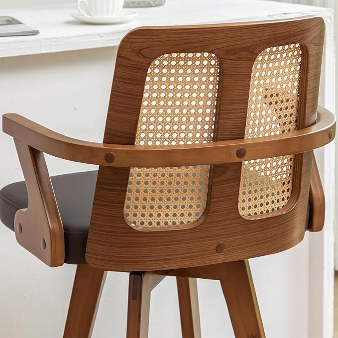 Set of 3 Swivel Counter Height Bar Stools - 27 inch Walnut Counter Stool with Cane Back, Upholstered Seat, Curved Arms, Faux Leather Counter Stools for Island/Pub/Kitchen (27" Seat Height, Brown)