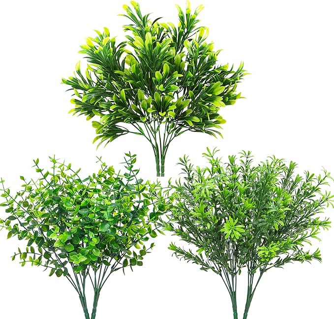 Ouddy Decor 6 Bundles Artificial Greenery Stems Mixed Fake Plastic Plants Eucalyptus Rosemary Faux Magnolia for Outdoor Indoor Garden Home Window Box Decor