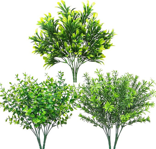 Ouddy Decor 6 Bundles Artificial Greenery Stems Mixed Fake Plastic Plants Eucalyptus Rosemary Faux Magnolia for Outdoor Indoor Garden Home Window Box Decor