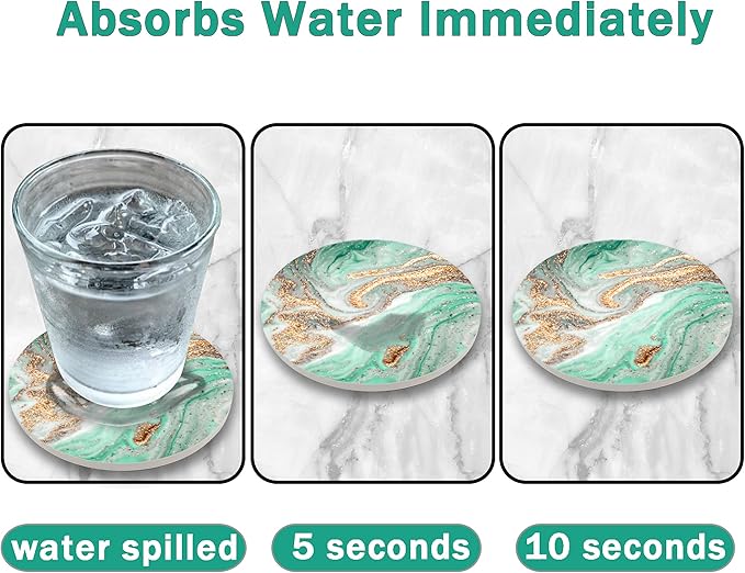 Dooke Coasters for Drinks,Round Absorbent Ceramic Stone Coasters Set of 6 with Cork Base,Funny Drink Coasters with Holder for Cold Drinks Wine Cups Tabletop Protection,4 Inches,Turquoise Green Marble