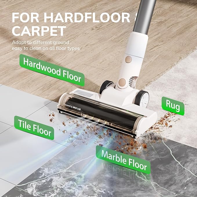 MIUI Cordless Upright Vacuum Cleaner, 45000Pa M2 Powerful Suction Brushless Motor, V-Shaped Anti-Hair Tangle Brush, Optical Dust Detection, Stick Vacuum for Hard Carpet,Floor,Pet Hair