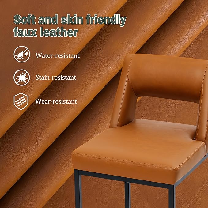 Counter Height Bar Stools Set of 3 for Kitchen Counter Modern Bar Chairs with Backs for Kitchen Island with Upholstered Faux Leather Seat and Metal Frame, 26 Inch, Light Brown