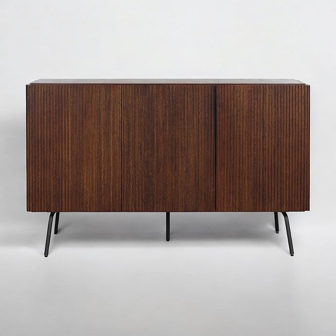 NTC Veil Modern Sideboard with 3 Doors, Buffet Cabinet with Vertical Groove Design and Metal Legs, Storage Cabinet for Living Room, and Hallway, Effortless Assembly - Dark Walnut