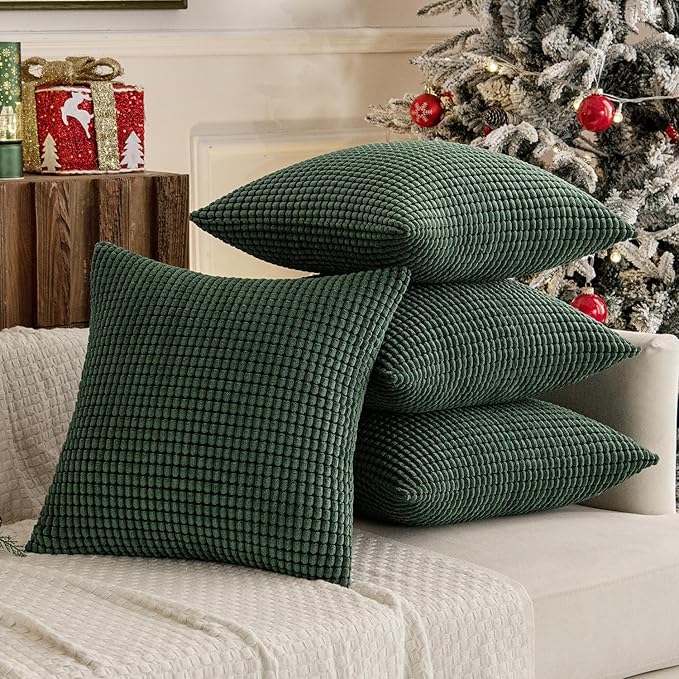 MIULEE Boho Farmhouse Throw Pillow Covers 20x20 Inch Set of 4 Soft Neutral Covers Christmas Dark Green Corduroy Couch Pillowcases Home Decor for Sofa Living Room Bed