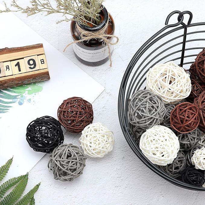 Patelai 36 Pcs Wicker Rattan Balls Decorative Balls for Vase Centerpiece Bowls Orbs Filler for Home Decor,4 Sizes(White, Dark Gray, Brown, Black)