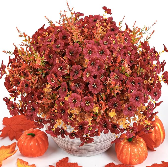 SHareconn 48 Bundles Artificial Fall Flowers for Outdoors Decoration, UV Resistant Silk Eucalyptus Lavender Faux Autumn Fake Plants for Outside Indoor Garden Yard Porch Home Decor, Orange Brown