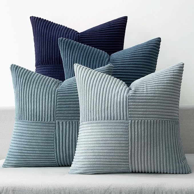 MIULEE Dusty Blue Navy Farmhouse Throw Pillow Covers 16x16 Inch Set of 4 Boho Patchwork Gradient Cushion Cases Western Modern Pillow Cases Corduroy Home Decor for Couch Sofa Living Room Bed