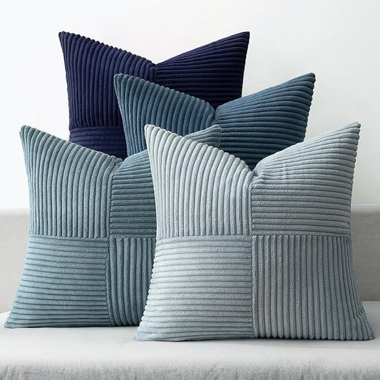 MIULEE Dusty Blue Navy Farmhouse Throw Pillow Covers 16x16 Inch Set of 4 Boho Patchwork Gradient Cushion Cases Western Modern Pillow Cases Corduroy Home Decor for Couch Sofa Living Room Bed