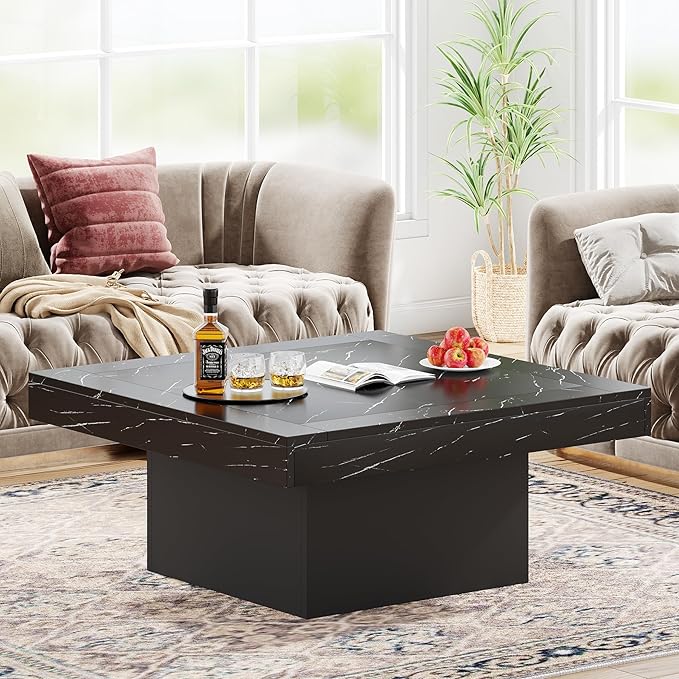 Tribesigns LED Coffee Table Square Engineered Wood Low Coffee Table for Living Room (Faux Marble Black+Black)