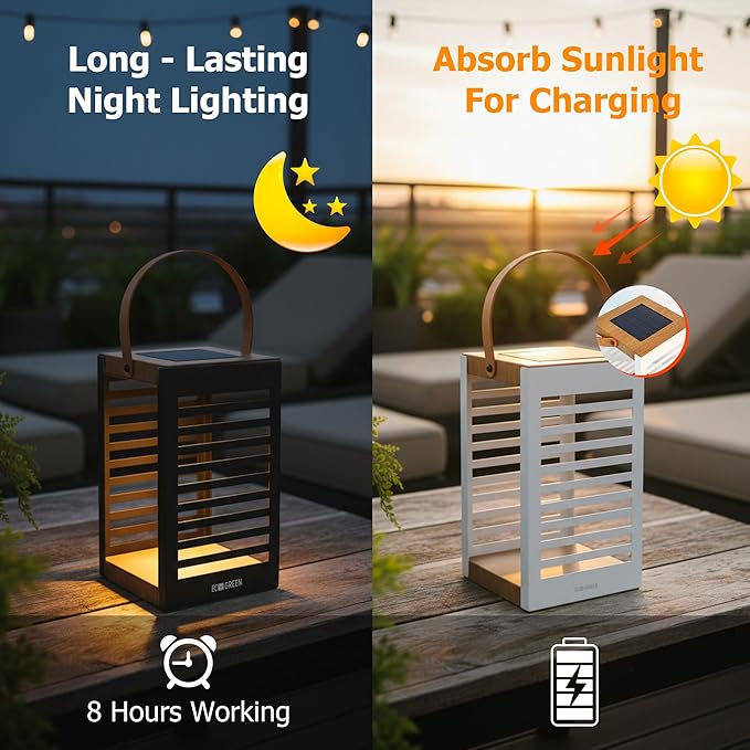 Solar Lantern with Handle - Outdoor Solar Light (7.87×13.78"), Waterproof & Corrosion Resistant, 8H Auto-On Warm White Light for Garden, Patio, Balcony & Porch Decor (Single Pack, Black)