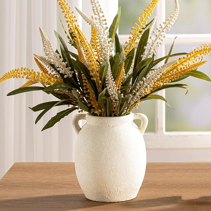 Ceramic Flower Vase 7.6 inch Farmhouse Rustic Vase Decorative Pottery Terracotta Vases for Home Decor Table Mantle Fireplace Living Room Bathroom Wedding Centerpiece (White-Upgraded)