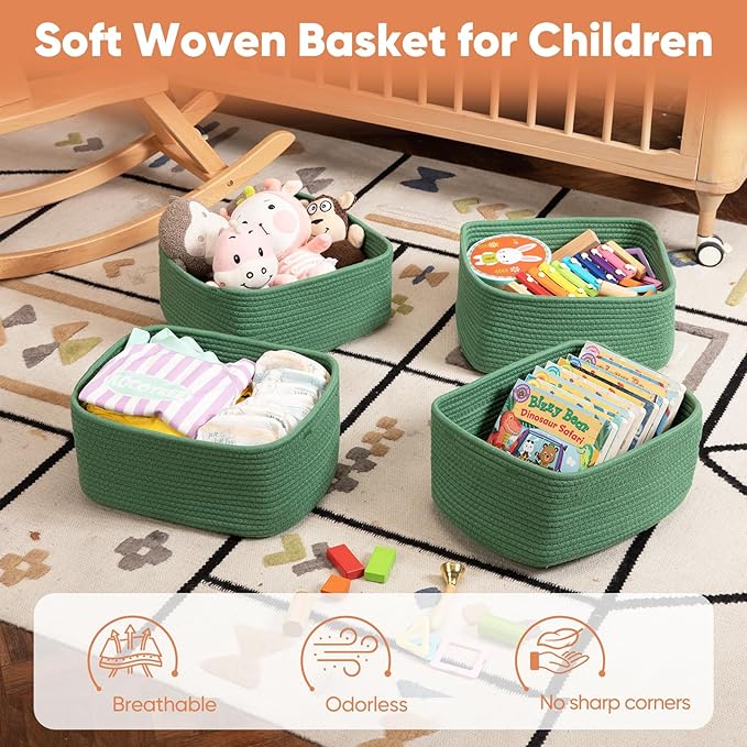 OIAHOMY 4 Pack 14.17*11.02*6.3IN Storage Baskets for Organizing Shelves, Woven Rope Baskets for Organizing Books, Clothes, Decorative Basket for Living Room, Nursery, Bedroom, Gift Basket, Green