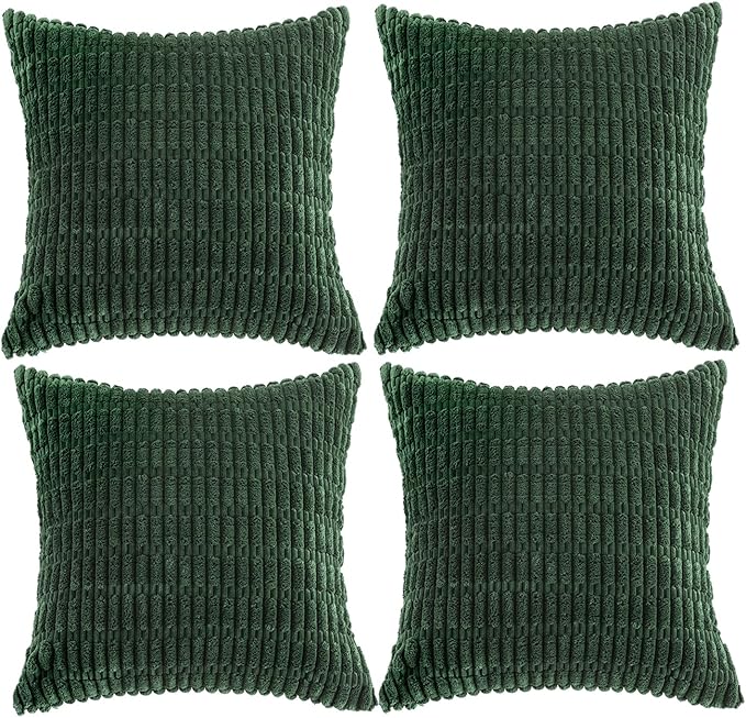 Fancy Homi 4 Packs Hunter Green Decorative Throw Pillow Covers 20x20 Inch for Couch Bed Sofa, Forest Green Boho Home Decor, Soft Plush Corduroy Cute Emerald Green Square Cushion Case 50x50 cm