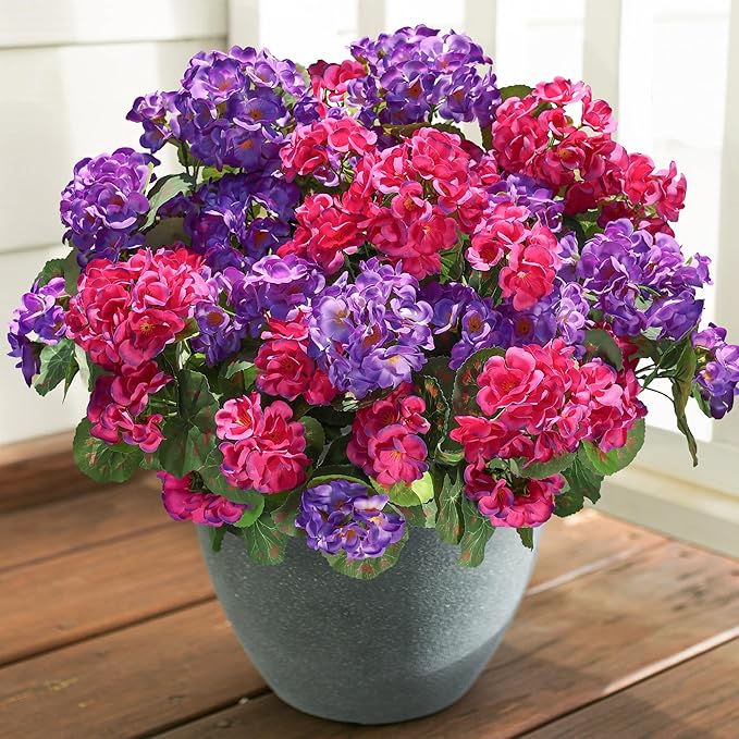 Artificial Geranium Fake Flowers for Outdoors Decoration, 6 Bundles Silk Geraniums Flower UV Resistant Look Real Faux Plants for Front Door Garden Porch Planter Patio Balcony Yard Indoor Home, Mix