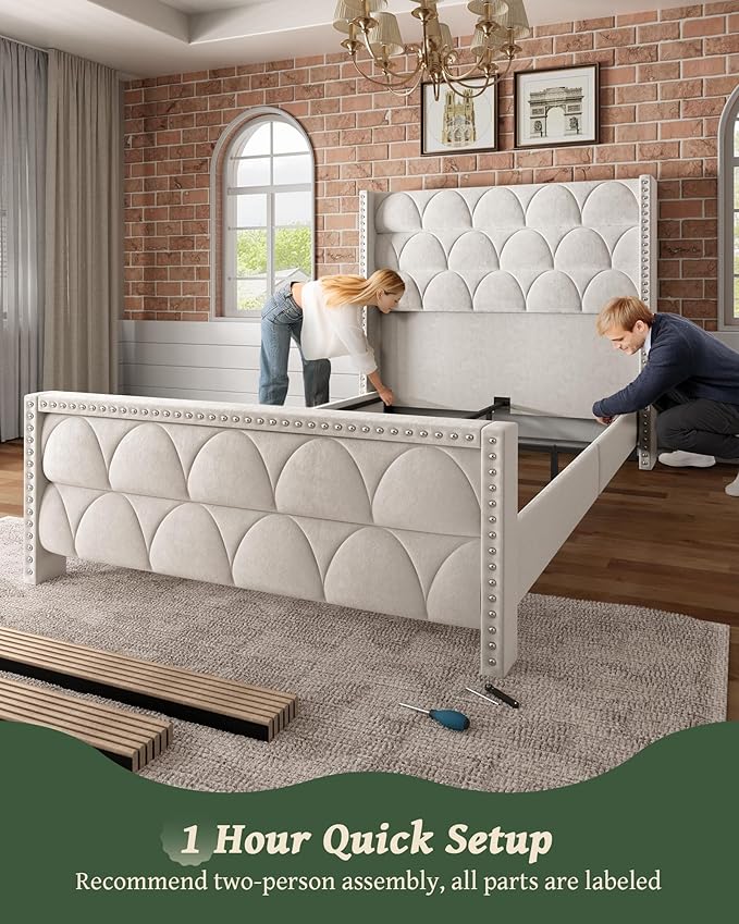 Queen Size Bed Frame with 56" Headboard - 900LBS Capacity Support, Velvet Upholstered Wingback Platform Bed Frame, Noise Free, Sturdy Wooden Slat Support
