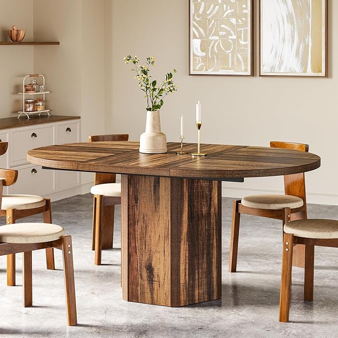 LITTLE TREE 55-Inch Rustic Oval Dining Table for 6, Wood Kitchen Table, Country Chic Furniture for Kitchen, Dining Room & Living Room Wooden Base, Brown Finish