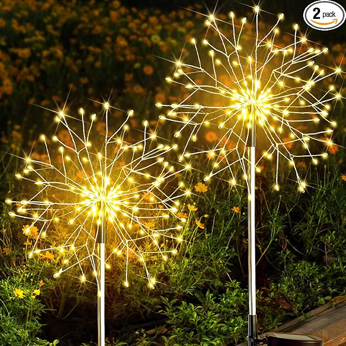 suddus Solar Garden Lights Outdoor Waterproof Decorative, 2Pack 150LED Firework Lights, Solar Fairy Lights for Yard, Garden, Party, Patio, Pathway, Flowerbed - Warm White