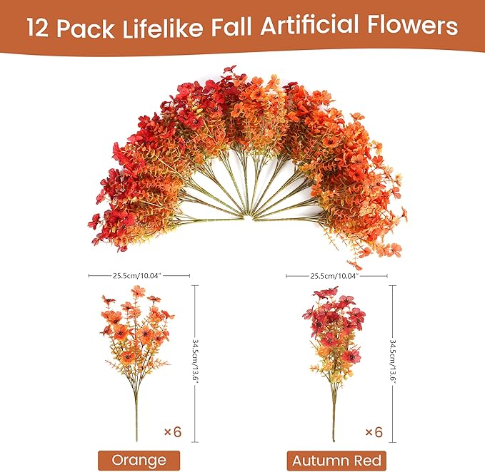 Artificial Fall Flowers for Decoration Fake Flowers Outdoor Artificial Plants, 12 Bundles Faux Mums Autumn Plastic Flower UV Resistant for Porch Patio Home Yard Garden Window Box Pot Planters