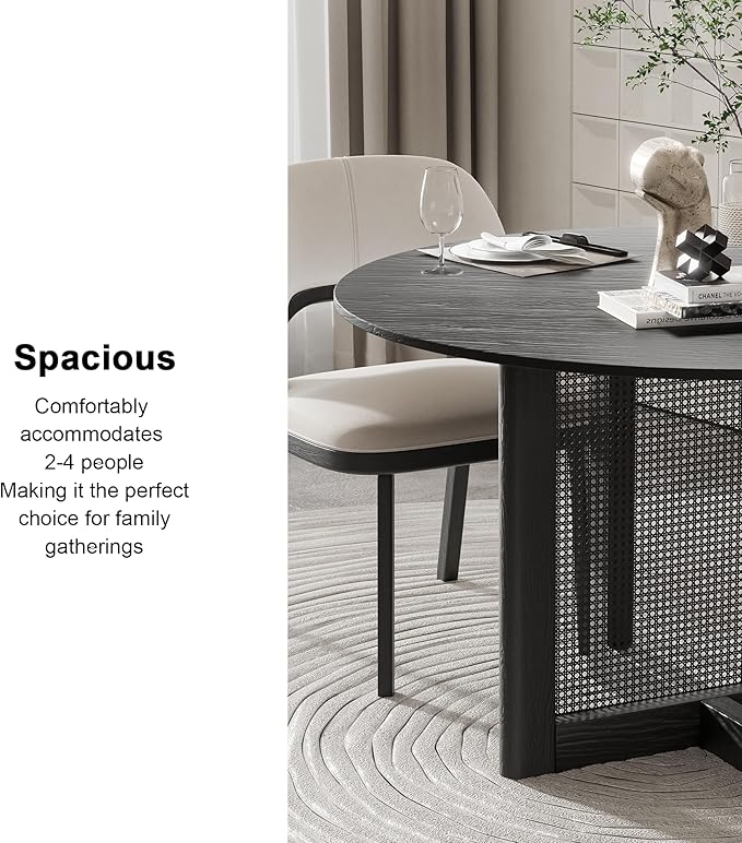 Casaphoria 46" Dining Table for 4, Wood Kitchen Table with Scratch-Resistant Top & Rattan Base, Modern Farmhouse Round Small Table for Living Room, Kitchen, Easy Assembly, Black (Chairs not Included)