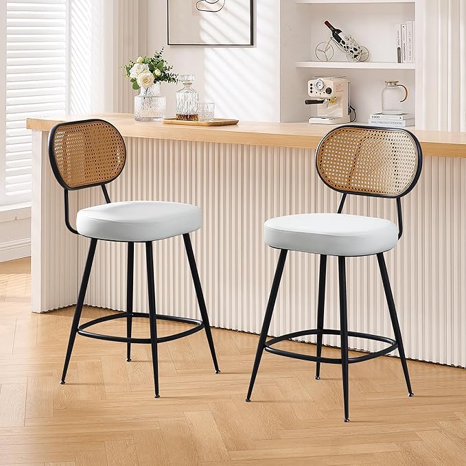 BFZ Counter Height Bar Stools Set of 2, 26" Seat Height Barstools with Rattan Back and Metal Legs, Upholstered Faux Leather Bar Chairs for Kitchen Island, Home Bar, Beige