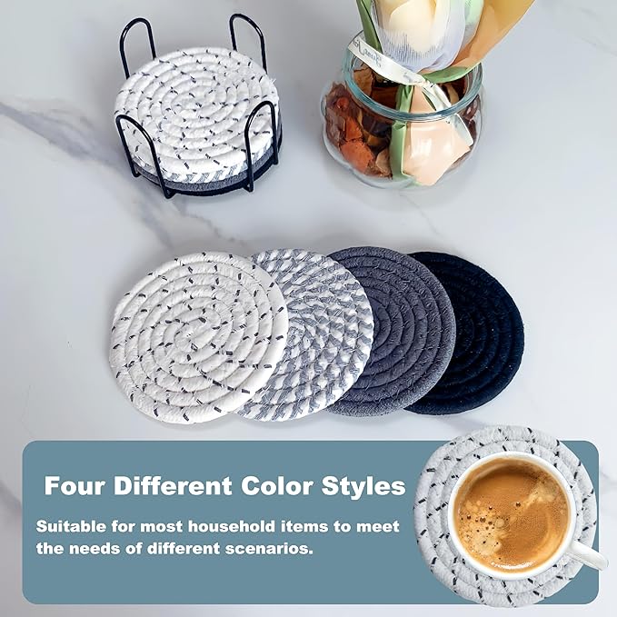 8 Pcs Drink Coasters with Holder, Coasters for Coffee Table, Absorbent Coaster Set for Living Room Decor Tabletop Protection, Coaster Set 4 - Color Cup (Gray Mix)