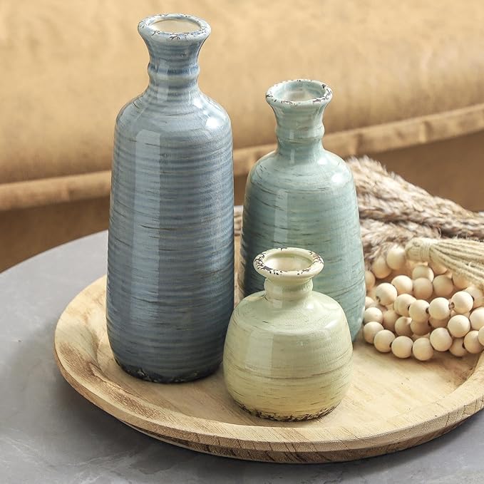 Ceramic Vase Set of 3, Rustic Neutral Vases Home Decor Farmhouse Decorative Flower Vase Modern Boho Pampass Vases for Table Mantel Entryway Shelf Living Room Kitchen Bathroom - Multicolor