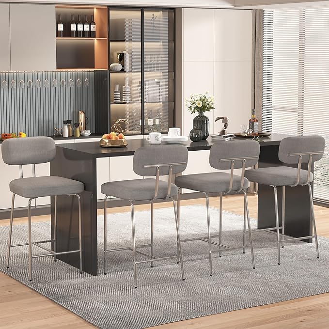 Counter Height Bar Stools Set of 4, 26" Fabric Kitchen Bar Stools with Back, Counter Barstools with Metal Legs, Bar Chairs for Kitchen Island, Gray