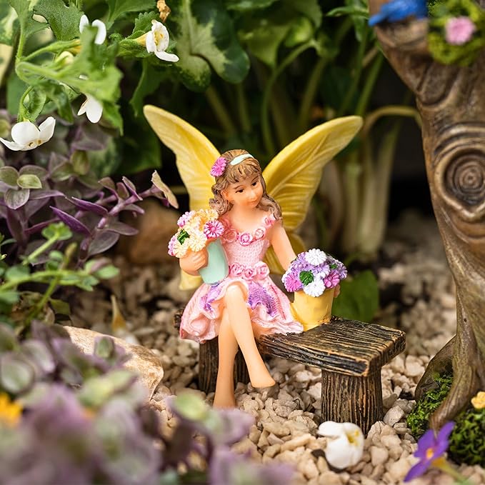 PRETMANNS Fairy Garden Fairy – Adorable Accessory for Indoor or Outdoor Miniature Garden – Small Figurine Isabella Sitting on a Bench – 1 Item