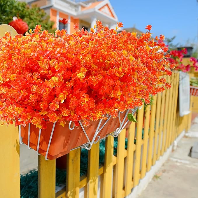 SITUMEIZI Artificial Mums for Outdoor Fall Flowers,Faux Flower Eucalyptus Leaves Fake Plants Greenery Outside Plastic Proch Patio Front Fall Halloween Thanksgiving Decorations(8Pcs,Orange)