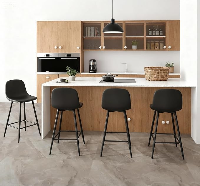 Black Bar Stools Set of 2,Faux Leather Counter Height Bar Stools,24.6" Bar Chairs with Back Metal Footrest,Modern Counter Stool with Back and Footrest for Kitchen Island Restaurants Pubs