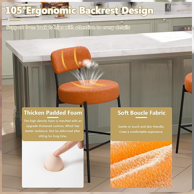 DYHOME Bar Stools Set of 3,Burnt Orange 28 Inches Counter Height Bar Stools with Back, Modern Metal Tall Upholstered Barstools for Kitchen Island, Cafe