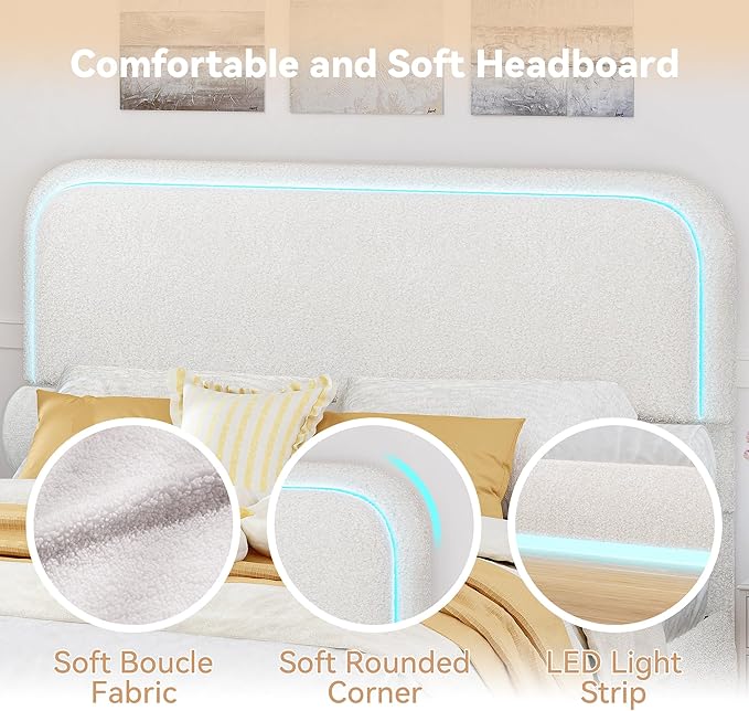 Torana King Marshmallow Bed Frame with Headboard and Footboard, Curved Shaped Cloud Upholstered Beds with LED Lights, Teddy Fleece Bedframe with Soft Rounded Corners and Strong Slats Support, Cream