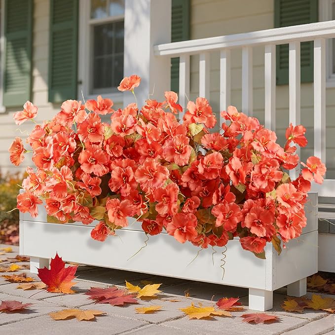 INSPRING Fake Fall Flowers Artificial Mums for Outdoors Autumn Decoration, Faux Silk Flowers Plants Realistic UV Resistant Tropical Flower Artificial for Outside Planter Patio (FOrange, 6 Bundles)