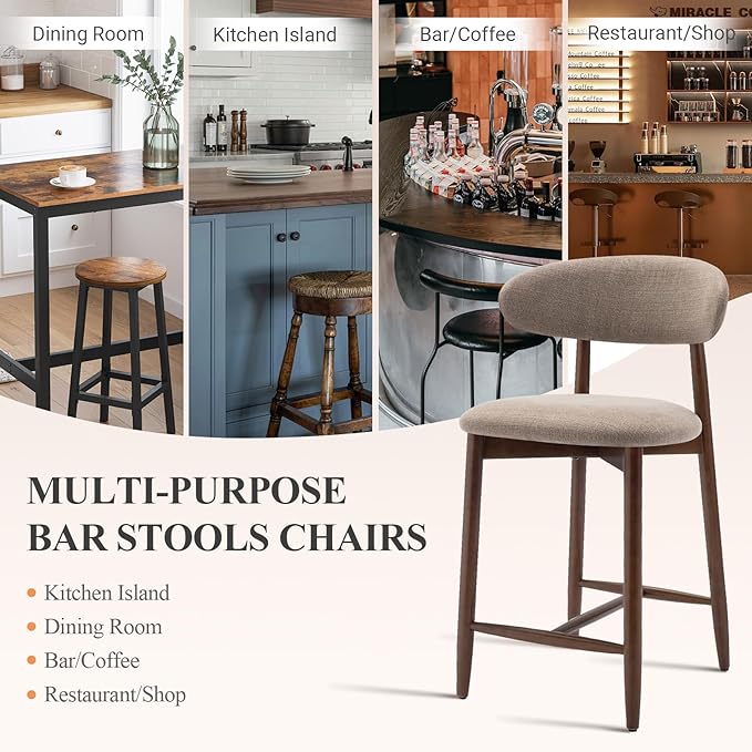 Upholstered Counter Height Bar Stools Set of 4, Kitchen Island Stools with Back, Modern Counter Stools Island Bar Chairs with Wood Legs for Kitchen Island Dining Room Bar, Camel