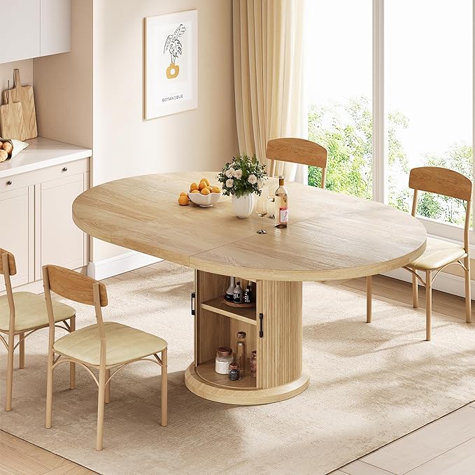 Extendable Round Kitchen Dining Room Table for 4-6 with 2-Tier Storage Shelf, 63'' Space Saving Expandable Wood Oval Circle Dinner Furniture with Pedestal Base (Natural Oka)