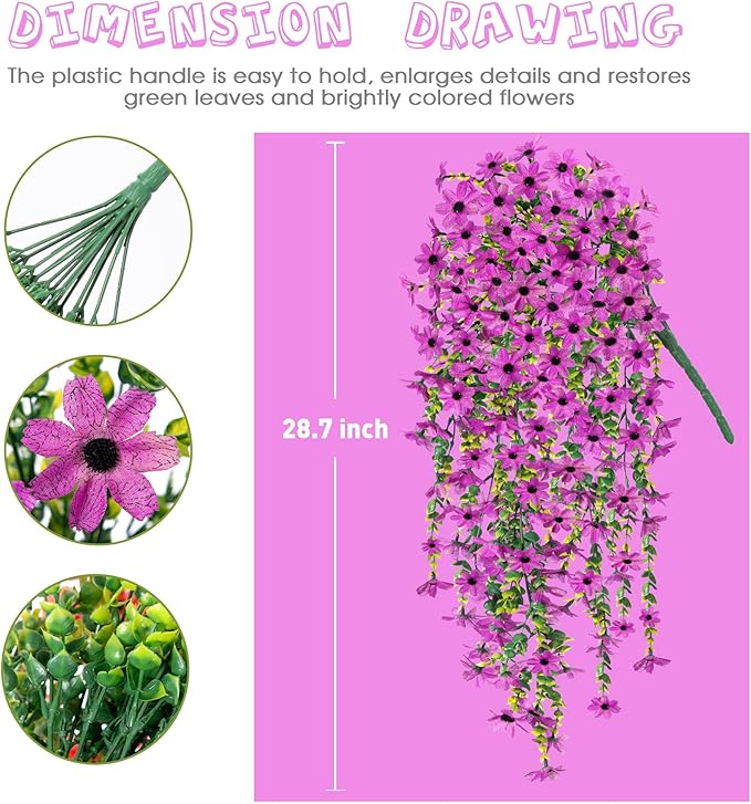 Fake Artificial Hanging Flowers for Outdoors Fake Plants Decoration, 2 Bundles Faux Silk Colorful Daisy Eucalyptus Realistic UV Resistant for Outside Home Planter Porch Patio Yard Decor(Purple)