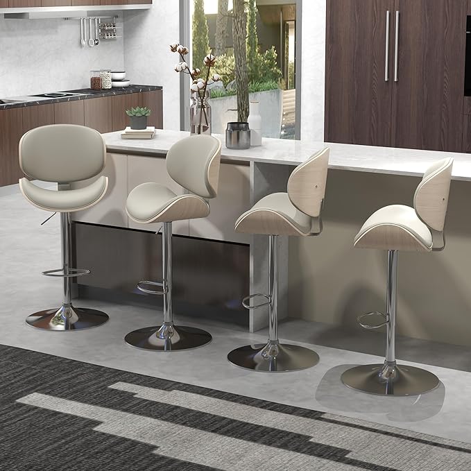 civama Bar Stools Set of 6 for Kitchen Counter, Adjustable Bar Height Chairs, Modern Swivel Barstools with Bentwood Seat and Back with Footrest for Kitchen Island, Dining Room, Grey PU Leather