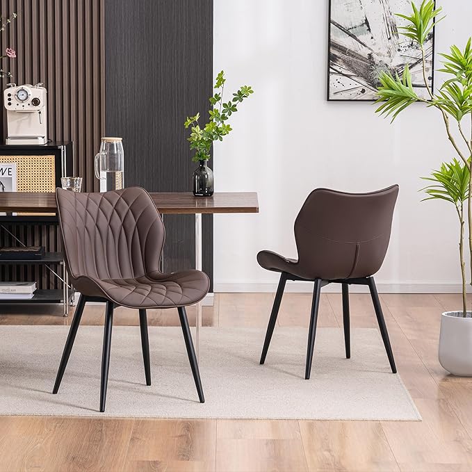 Kidol & Shellder Modern Dining Chairs Set of 2 Comfy Dining Room Chairs with Thick Cushions PU Leather Upholstered Kitchen Side Chairs with Metal Legs Brown