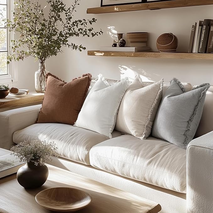 MIULEE Decorative Couch Pillow Covers Neutral Linen Fringe Throw Pillows Set of 4 Mid Modern Cushions Boho Farmhouse Pillowcases for Bed Sofa Living Room Home Decor 18x18 Inch Beige/Brown/Grey