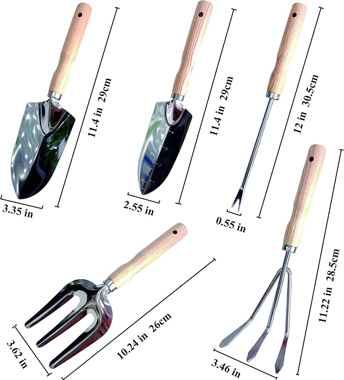 Garden Tools Set, 12 Piece Stainless Steel Hand Tool Kit with Wooden Handle, Heavy Duty Gardening Tools Include Trowel, Spade Shovel, Cultivator, Rake, Shears, Weeder, Gloves with Tool Bag
