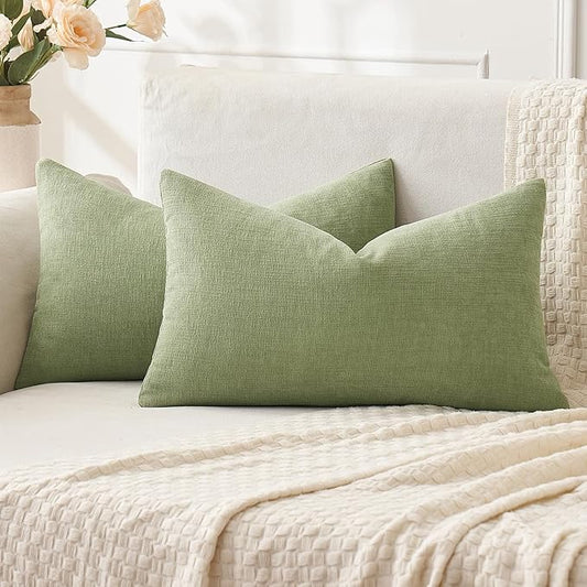 MIULEE Sage Green Couch Pillow Covers 12x20 Inch, Set of 2 Soft Spring Chenille Decorative Lumbar Throw Pillow Covers Farmhouse for Sofa Living Room Bed