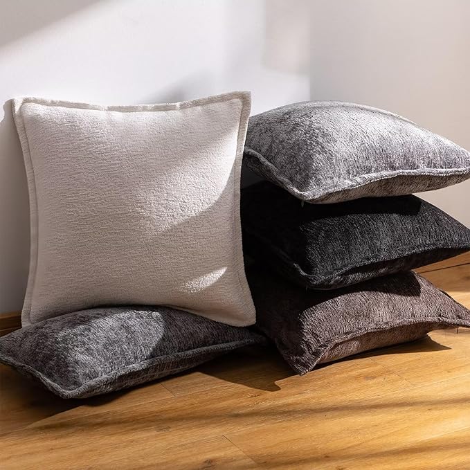 Grey Decorative Throw Pillow Covers 20x20 Inch Set of 2 Cozy Soild Chenille Cushion Cases Soft Textured Square Couch Pillows Cover Boho Accent Farmhouse Pillowcases for Sofa Bed