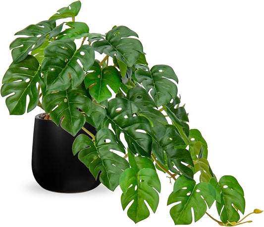 DILATATA Fake Plants Indoor 8 Inch Artificial Monstera Plant in Black Ceramic Pot - Faux Potted Tropical Palm Plant for Home Aesthetic Decor Living Room Shelf Office