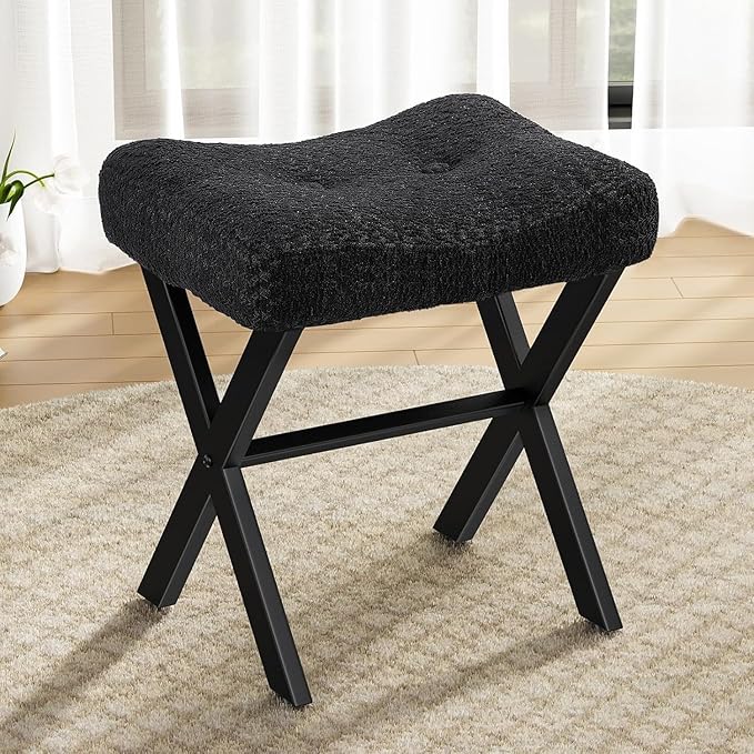 18-Inch Vanity Stool Chair, Vanity Bench with Metal X-Legs, Ottoman Accent Stool with Breathable and Soft Boucle Fabric Saddle Seat, Black
