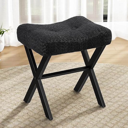 18-Inch Vanity Stool Chair, Vanity Bench with Metal X-Legs, Ottoman Accent Stool with Breathable and Soft Boucle Fabric Saddle Seat, Black