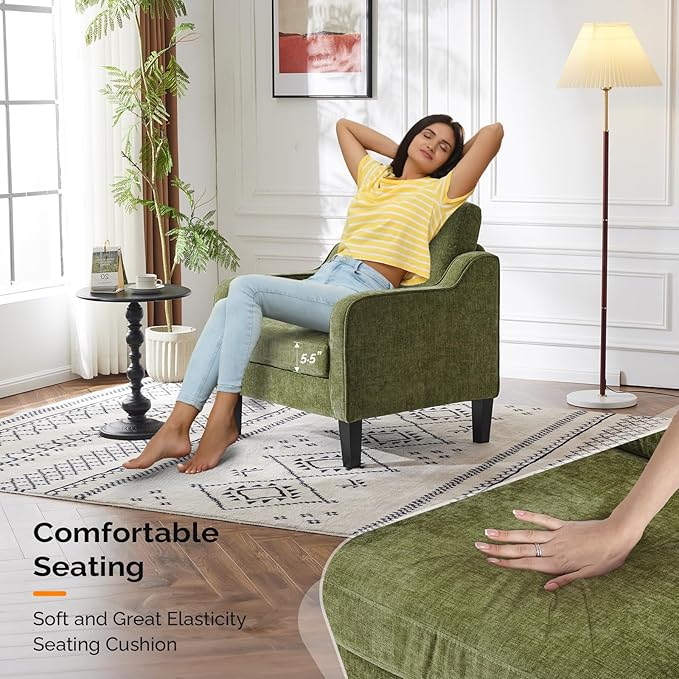 VINGLI Accent Chairs Set of 2 Living Room Chairs Olive Green Reading Chair for Bedroom Scooped Arm Chair Mid Century Modern Accent Chairs Upholstered Comfy Chair for Apartment, Waiting Room