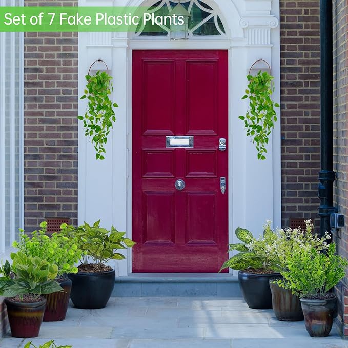 Faux Greenery for Outdoor Planters, 16 Bundles Realistic Fake Green Plastic Plants Artificial Bushes Decor Greenery for Outdoors UV Resistant for Garden Patio Porch Window Box