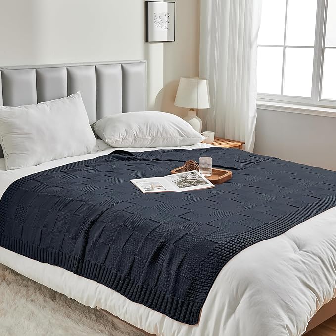 CozeCube Check Knit Throw Blanket, Midnight Navy Checkered Throw for Couch, Decorative Christmas Soft Cozy Warm Knitted Blanket for Bed Sofa Living Room, 50"X60"